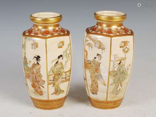 A pair of Japanese Satsuma pottery hexagonal shaped vases, M...