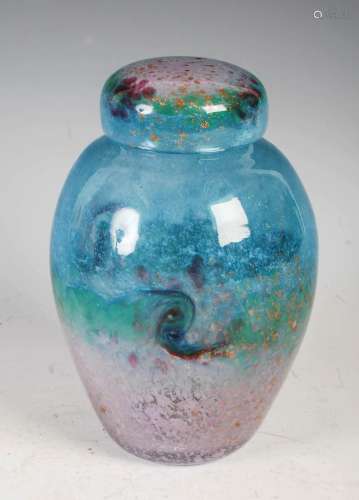 A rare Monart jar and cover, shape VJ, mottled blue, green a...