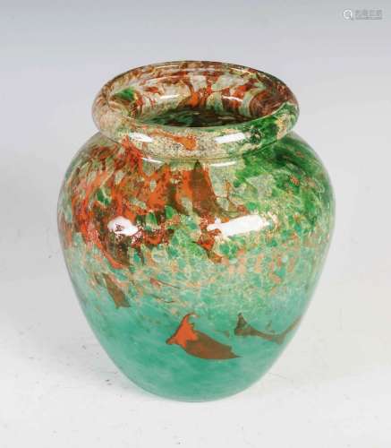 A Monart vase, probably shape QB, mottled greens and orange ...