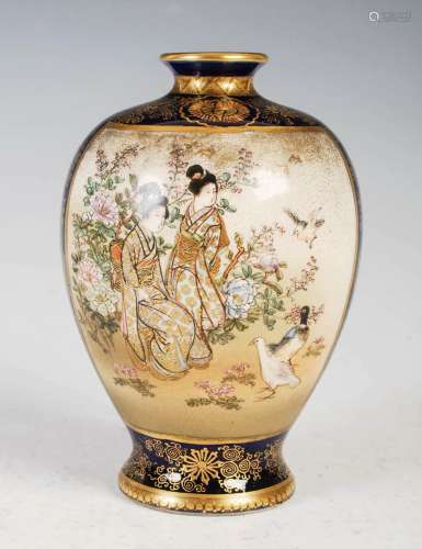 A Japanese Satsuma pottery blue ground vase, Meiji Period, d...