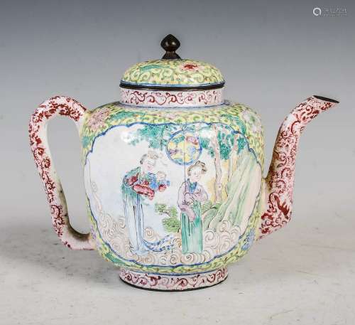 A Chinese Canton enamel yellow ground tea pot and cover, Qin...