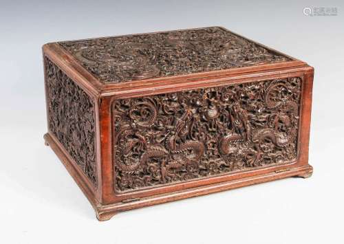 A Chinese carved wood dragon document box, Qing Dynasty, for...