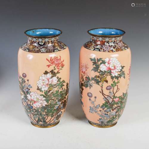 A pair of Japanese cloisonne coral ground vases, Meiji Perio...