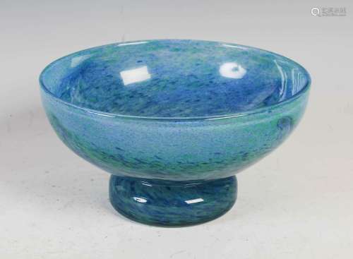 A Monart bowl, shape GB, mottled blue and green glass with t...