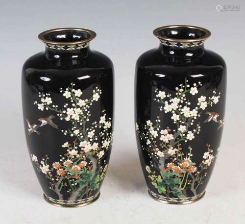 A Pair of Japanese black ground silver wire work cloisonne v...