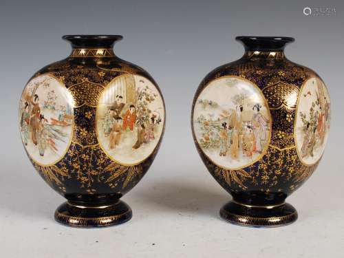 A Pair of Japanese Satsuma pottery blue ground vases, Meiji ...