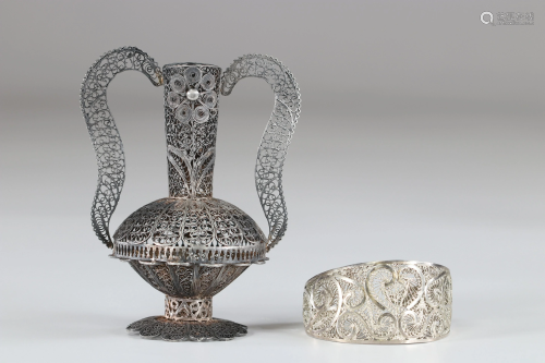 Silver filigree vase and bracelet