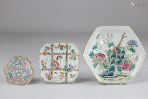 China set of 3 flat porcelain from the famille rose