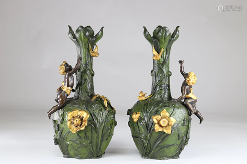 Pair of Art Nouveau vases with floral decoration and