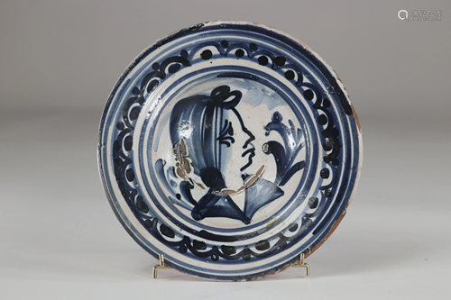 Delft? plate decorated with a woman's head probably