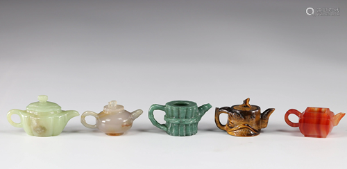 China set of 5 miniature jade stone and agate teapots