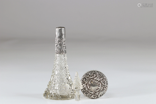 Decanter and box in silver and crystal 1900