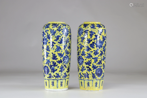 Asia pair of porcelain vases on a yellow background