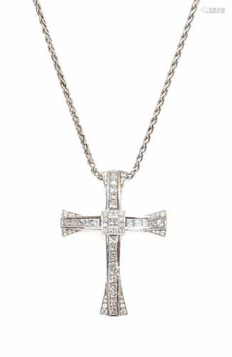 An 18ct white gold diamond set cross and chain,