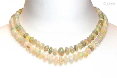 A two row graduated opal bead necklace,