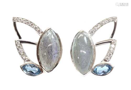 A pair of 18ct white gold labradorite, aquamarine and diamon...