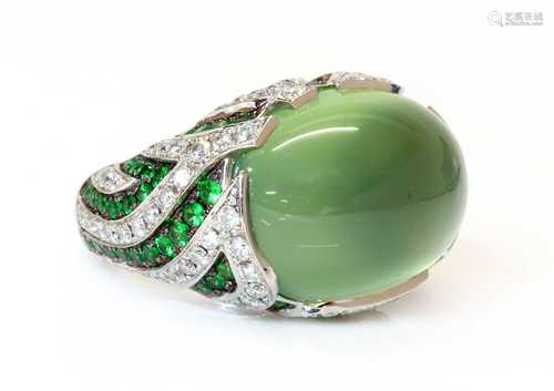 A white gold chalcedony, diamond and tsavorite garnet bombé ...