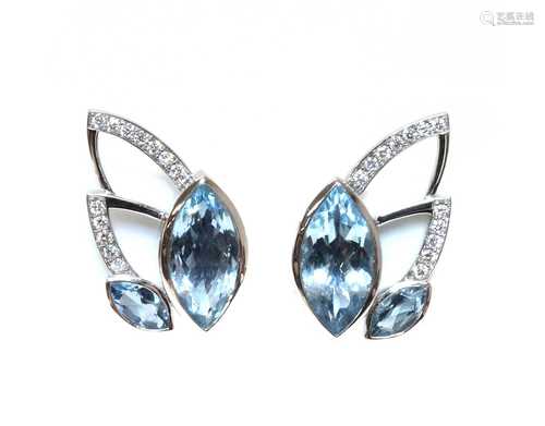 A pair of 18ct white gold aquamarine and diamond earrings, b...