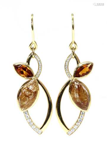 A pair of 18ct gold rutilated golden quartz, citrine and dia...