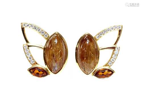 A pair of 18ct gold golden rutilated quartz, citrine and dia...