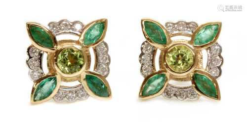 A pair of peridot, emerald and diamond earrings, by Luke Sto...