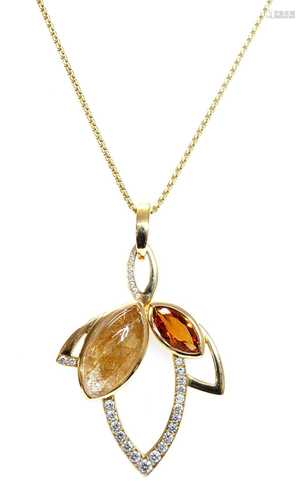 An 18ct gold rutilated quartz, citrine and diamond pendant, ...