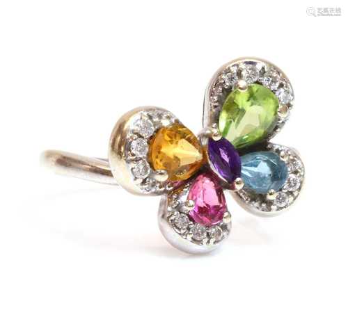 An 18ct white gold gemstone and diamond set butterfly ring,