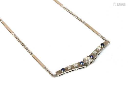 A white gold diamond and sapphire 'V' necklace, c.1970,