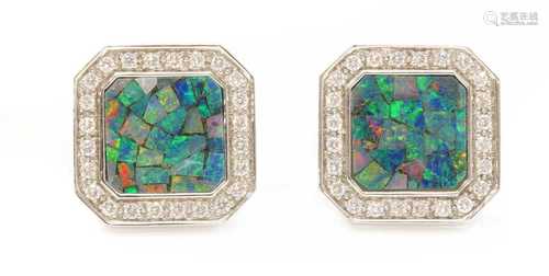 A pair of 18ct white gold opal mosaic and diamond cufflinks,