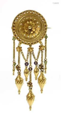 A gold enamel archaeological revival Etruscan style fringe b...