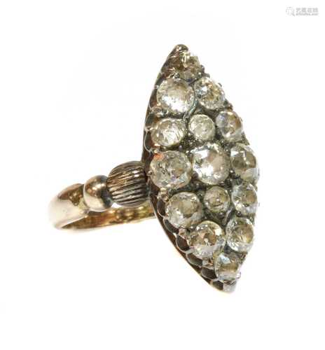 A late Victorian marquise shaped diamond set cluster ring,