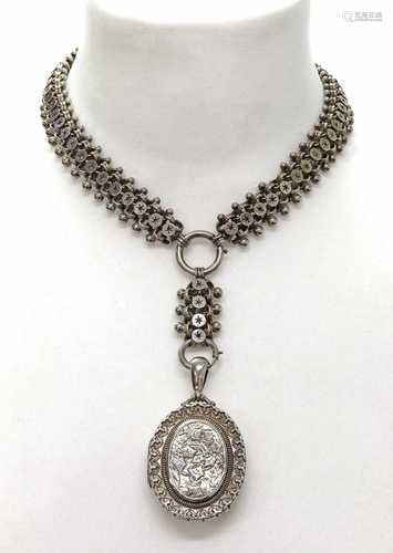 A late Victorian sterling silver locket and collar, c.1880,