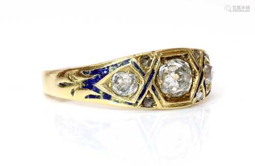 A Victorian three stone graduated diamond and enamel ring, c...