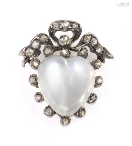 A Victorian moonstone and diamond heart brooch, c.1880,