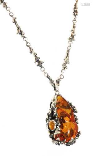 A Polish silver amber pendant, c.1970,