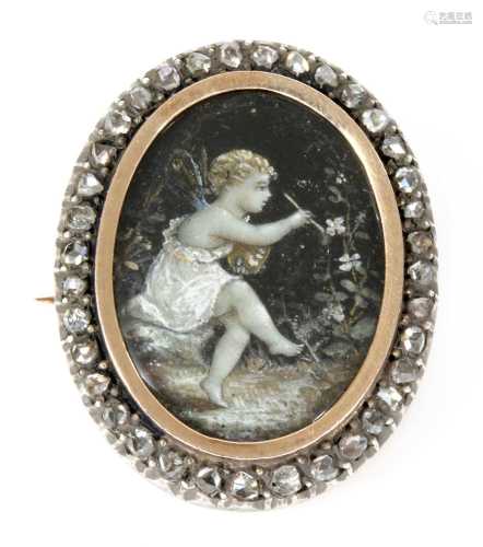 A Victorian hand painted diamond set memorial brooch,