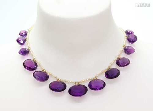 A Victorian seed pearl and amethyst fringe necklace,