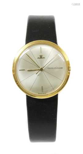 A gentlemen's 18ct gold Jaeger-LeCoultre mechanical strap wa...