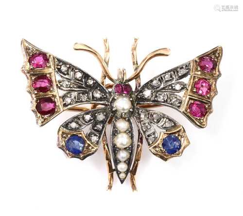 A split pearl ruby, sapphire and diamond butterfly brooch, c...