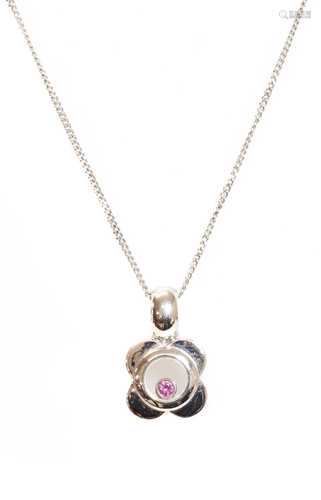 An 18ct white gold single stone pink sapphire pendant,