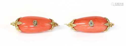 A pair of cased Victorian coral and diamond brooches,