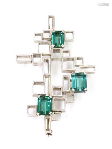 A three stone tourmaline brooch/pendant, by Iris Oakes, c.19...