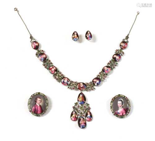 An 18th century enamel portrait miniature necklace, earrings...