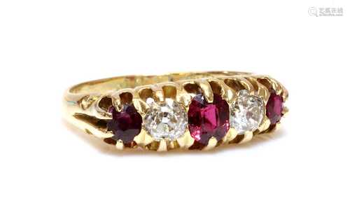 An 18ct gold red spinel, ruby and diamond boat shaped ring, ...