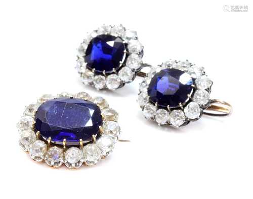 A pair of Austrian sapphire and diamond cluster earrings c.1...