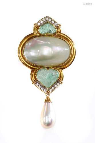 An Italian blister pearl, cultured mabé pearl, emerald and d...