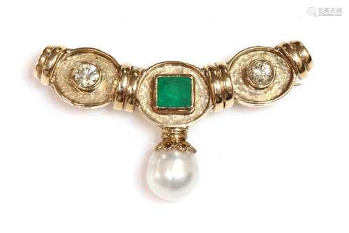 A 9ct gold emerald, diamond and cultured pearl brooch,