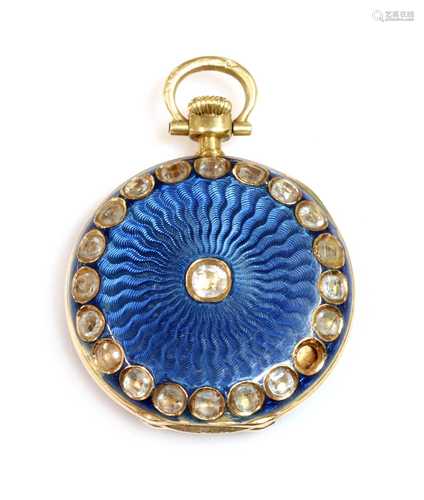 A cased 18ct gold gem set and guilloché enamel fob watch,