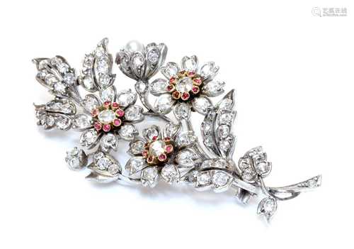 A Victorian diamond, ruby and pearl spray brooch, c.1880,