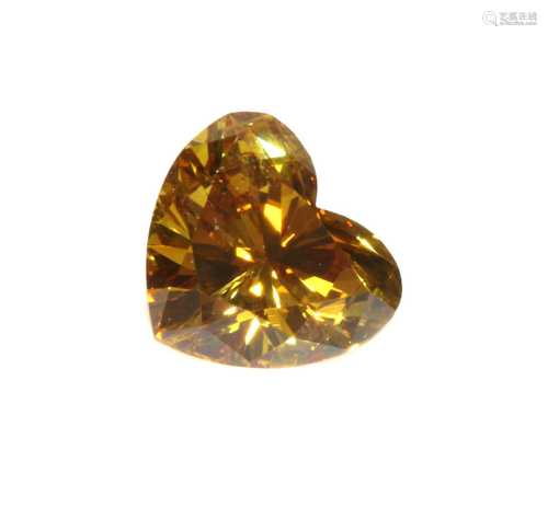 An unmounted fancy orangey yellow heart shaped brilliant cut...